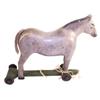 Wooden horse pull toy, gray w/yarn tail & rubber wheels, 13 1/2" L.