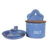 Lot of 2:  blue enamel hanging salt, 7 1/2"H. & blue enamel candleholder, 8" Dia.