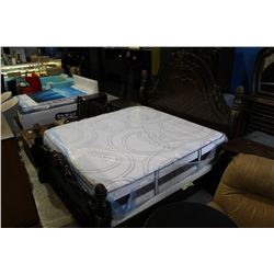 LARGE BEDROOM SUITE; DRESSER, MIRROR, 2PC ARMOIRE, KING SIZE HEADBOARD, FOOTBOARD AND RAILS, WITH 2