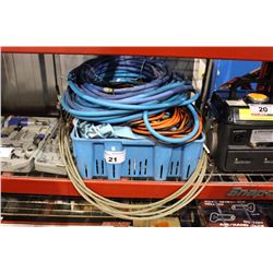 BOX OF EXTENSION CORDS, AIR HOSE, STRAPS, ROPE, AND CABLE