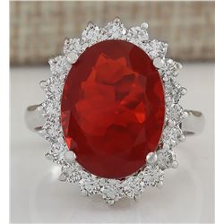 5.33CTW Natural Mexican Fire Opal And Diamond Ring In 14K White Gold