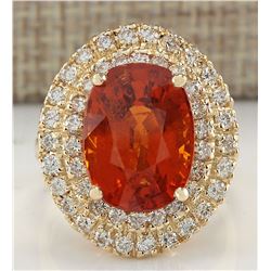 11.64CTW Natural Mandarin Garnet And Diamond Ring 14K Solid Yellow Gold