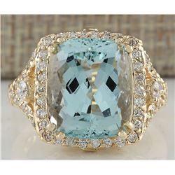 9.03CTW Natural Blue Aquamarine And Diamond Ring 14K Solid Yellow Gold