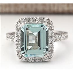 4.28 CTW Natural Aquamarine And Diamond Ring In 14k White Gold