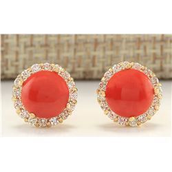 3.65 CTW Natural Coral And Diamond Earrings 14k Solid Yellow Gold