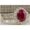 Image 2 : 3.73CTW Natural Red Ruby And Diamond Ring 14K Solid Yellow Gold