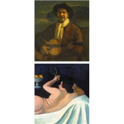 Czigány Dezso (1883-1937) Önarckép gitárral Hátoldalán: Fekvo akt