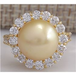 1.20CTW Natural 10.70Mm Gold South Sea Pearl Diamond Ring 14K Yellow Gold