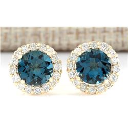 3.65 CTW Natural London Blue Topaz And Diamond Earrings 14k Solid Yellow Gold