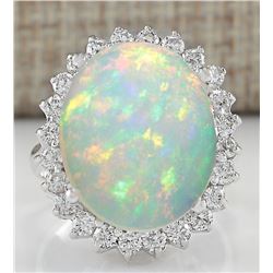9.01CTW Natural Opal And Diamond Ring 14K Solid White Gold