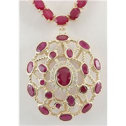 48.75CTW Natural African Ruby And Diamond Necklace In 14K Yellow Gold