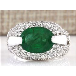 5.08 CTW Natural Emerald And Diamond Ring In 14k White Gold