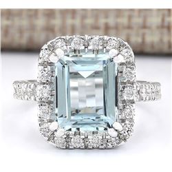 5.63 CTW Natural Aquamarine And Diamond Ring In 14k White Gold