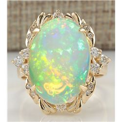 6.42CTW Natural Opal And Diamond Ring 14K Solid Yellow Gold