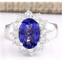 4.12 CTW Natural Blue Tanzanite And Diamond Ring 14k Solid White Gold