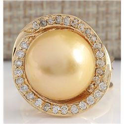 .60CTW Natural 13.70Mm Gold South Sea Pearl Diamond Ring 14K Yellow Gold