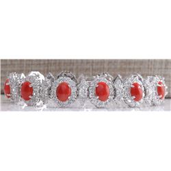 18.77CTW Natural Red Coral And Diamond Bracelet In 14K Solid White Gold