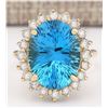 Image 1 : 12.63 CTW Natural Blue Topaz And Diamond Ring In 14k Yellow Gold