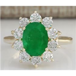 3.08CTW Natural Emerald And Diamond Ring 14K Solid Yellow Gold