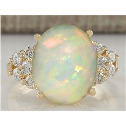 6.67CTW Natural Opal And Diamond Ring 14K Solid Yellow Gold