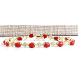 5.88 CTW Natural Coral And Diamond Bracelet In 14k Yellow Gold