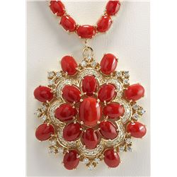 67.80CTW Natural Red Coral And Diamond Necklace In 14K Yellow Gold