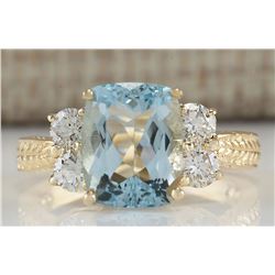 3.67CTW Natural Aquamarine And Diamond Ring In 14K Yellow Gold