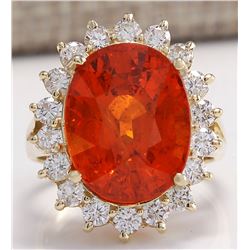 12.41CTW Natural Mandarin Garnet And Diamond Ring 14K Solid Yellow Gold