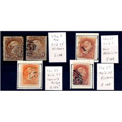 Canada #27a (2), 3¢ Small Queens (3) with British Columbia Numeral cancels.