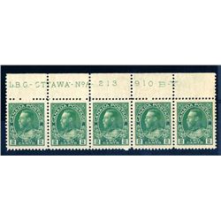 Canada #107 plate strip of five VF-XF mint hinged.