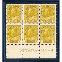 Canada #113 plate block of six.