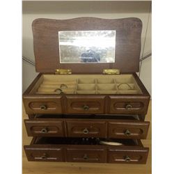 WOOD JEWELRY BOX W/ CONTENTS