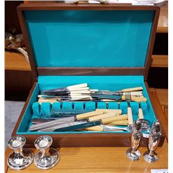 CANTEEN W/FRENCH IVORY FLATWARE & SILVERPLATE CANDLESTICKS & S&P