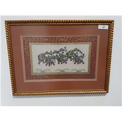 ORIGINAL PAINTING ON FABRIC OF ELEPHANTS 28" X 20.5"