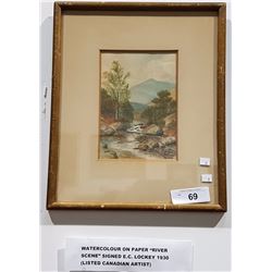 WATERCOLOUR ON PAPER TITLED RIVER SCENE SIGNED E.C. LOCKEY 1930 (LISTED CANADIAN ARTIST)