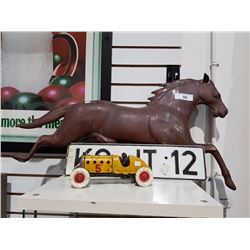 EUROPEAN LICENSE PLATE, CAST IRON CAR, METAL HORSE