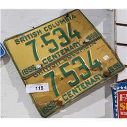 PAIR CENTENNIAL 1958 BC LICENSE PLATES