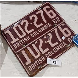 PAIR BC 1962 LICENSE PLATES