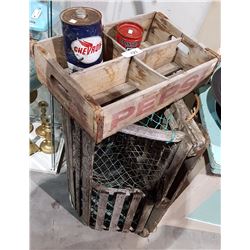 VINTAGE PEPSI CRATE W/CHEVRON & BARNSEALL TINS