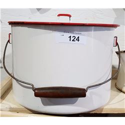 LARGE ENAMEL POT W/LID WOOD HANDLE RED TRIM