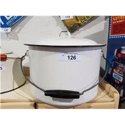LARGE ENAMEL POT W/LID WOOD HANDLE BLACK TRIM