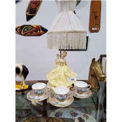 VINTAGE LADY LAMP W/3 COLCLOUGH TEACUPS