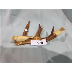 ANTLER CARVED BIRDS ON ANTLER DISPLAY