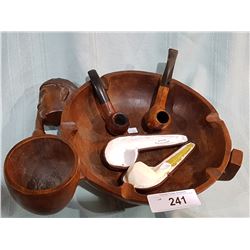 CARVED PIPE BOWL W/3 VINTAGE PIPES INCLUDING A MEERSHCAUM