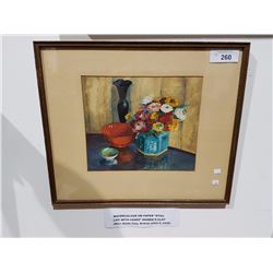 WATERCOLOUR ON PAPER STILL LIFE WITH VASES SIGNED S. CLAY (BRITISH ARTIST C.1930) 19" X 16.5"