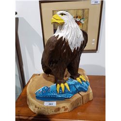 PAINTED CHAINSAW EAGLE CARVING W/SALMON APPROX 21"