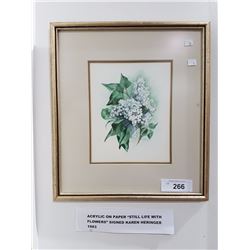 ACRYLIC ON PAPER STILL LIFE WITH FLOWERS SIGNED KAREN HERINGER 1983 13.5" X 15"