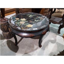 ROUND ASIAN COFFEE TABLE W/APPLIED CARVED STONE AND GLASS TOP APPROX. 33" DIAMETER