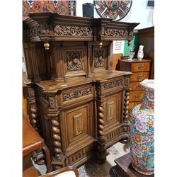 MID 1800'S EUROPEAN ORNATELY CARVED BARLEY TWIST CABINET 58"W X 27"D X 74.25"H
