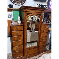 MAGNIFICENT BURLED WALNET WARDROBE W/13 DRAWERS & BEVELLED MIRROR 59"W X 19"D X 74.5"H
